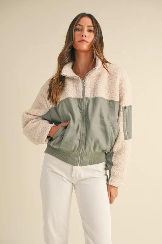 MABLE Shearling Contrast Bomber Jacket.