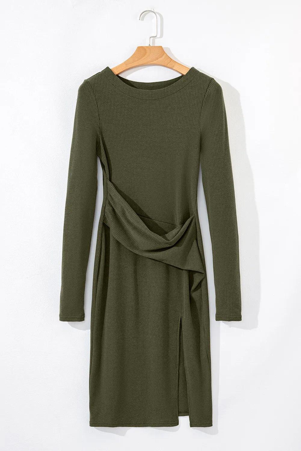 Slit Round Neck Long Sleeve Mini Dress.