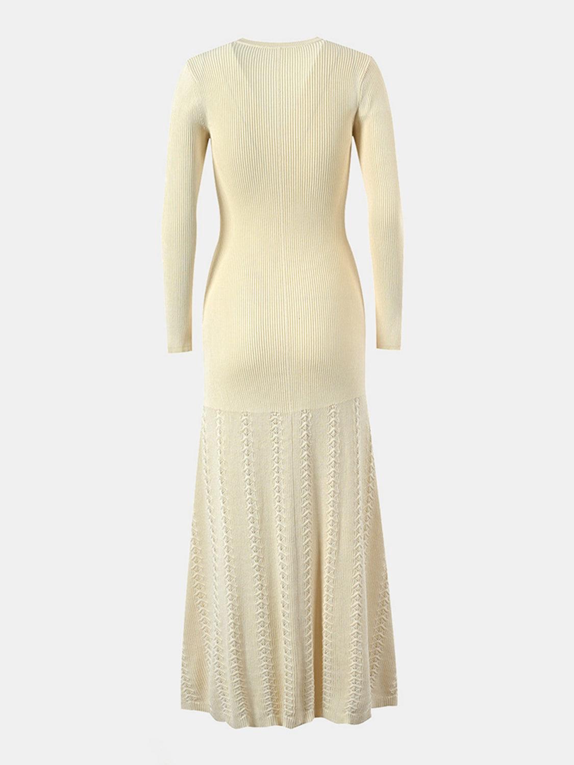 Openwork Round Neck Long Sleeve Sweater Dress.