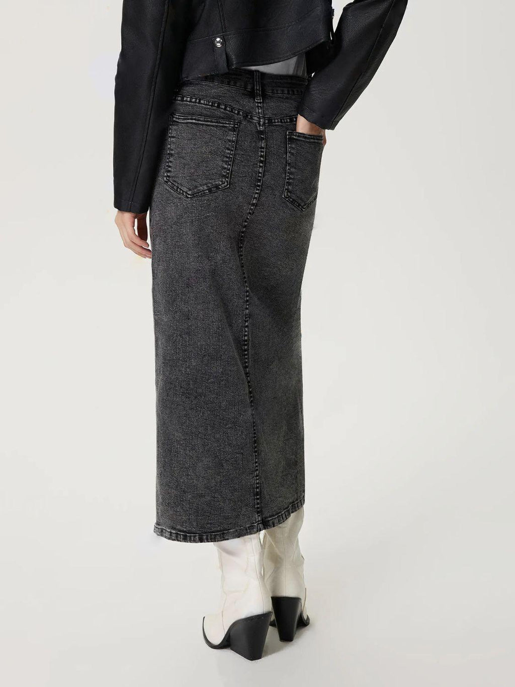 Slit Midi Denim Skirt with Pockets.