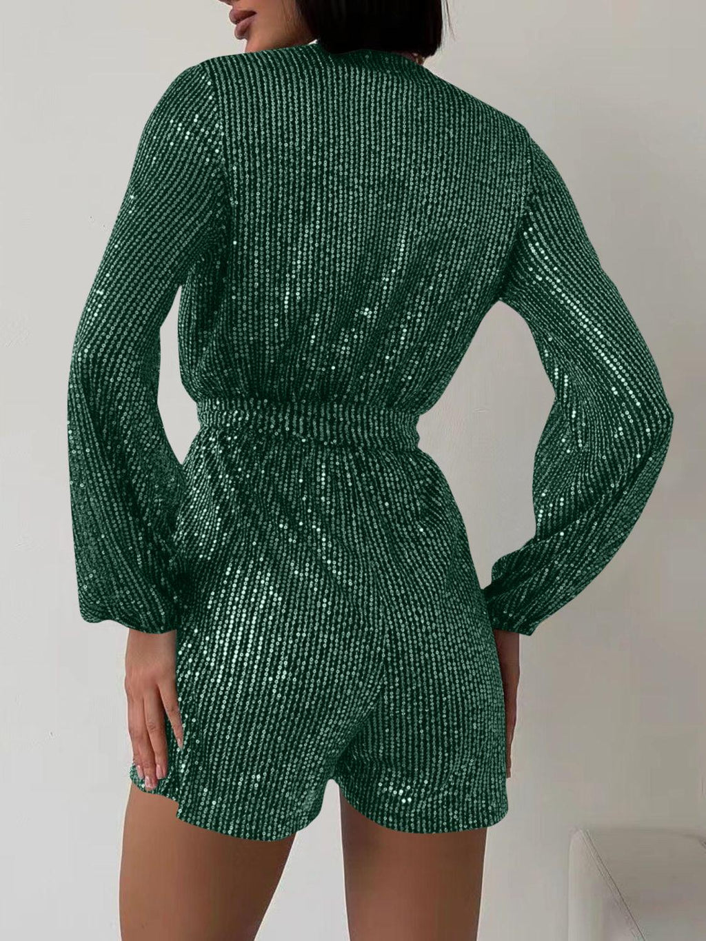 Full Size Sequin Surplice Tie Waist Long Sleeve Romper.