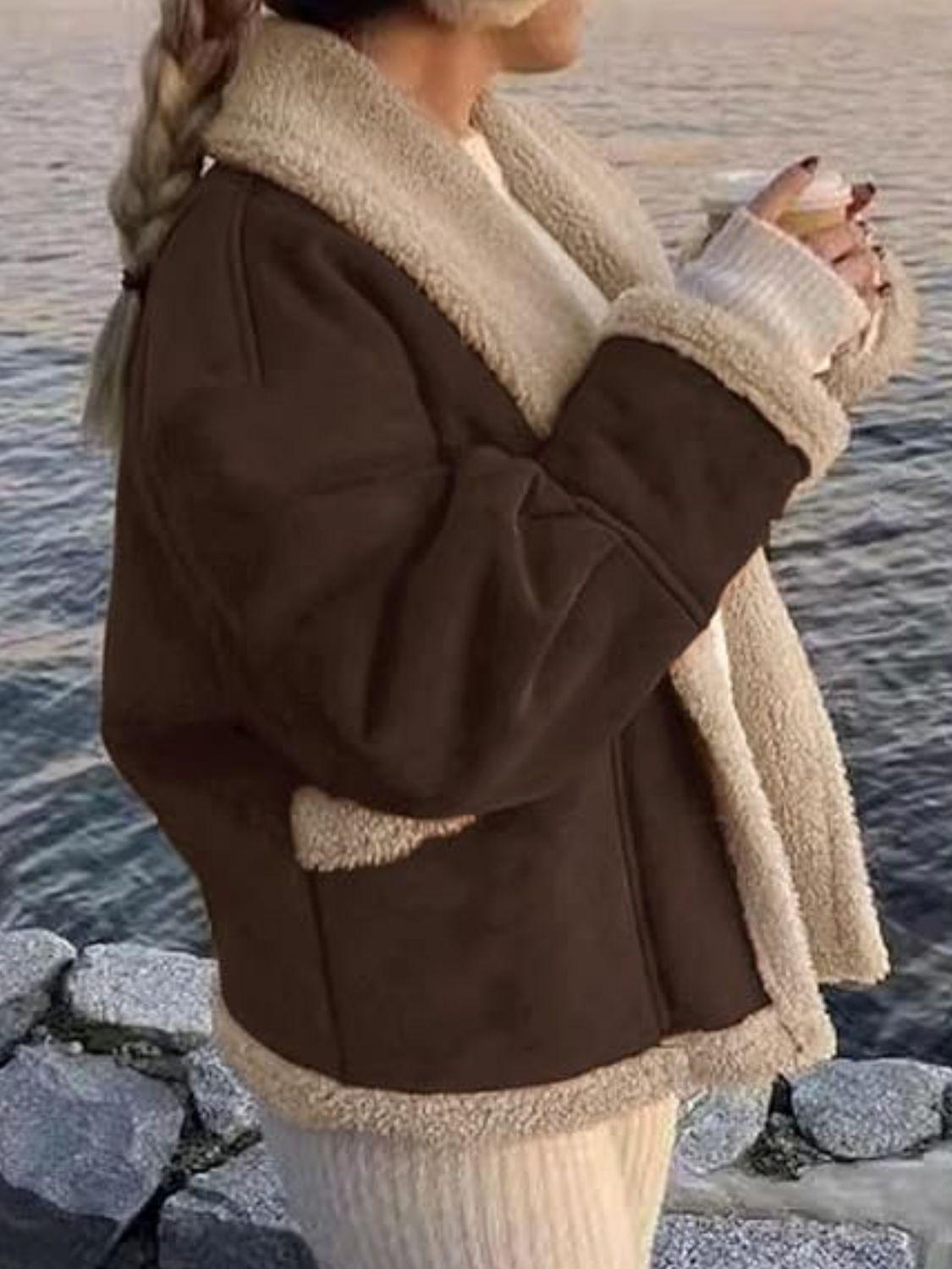 Fuzzy Collared Neck Long Sleeve Jacket.