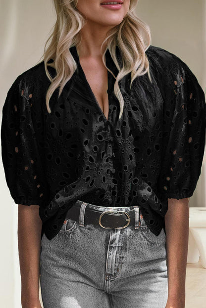 Eyelet Button Up Half Sleeve Top