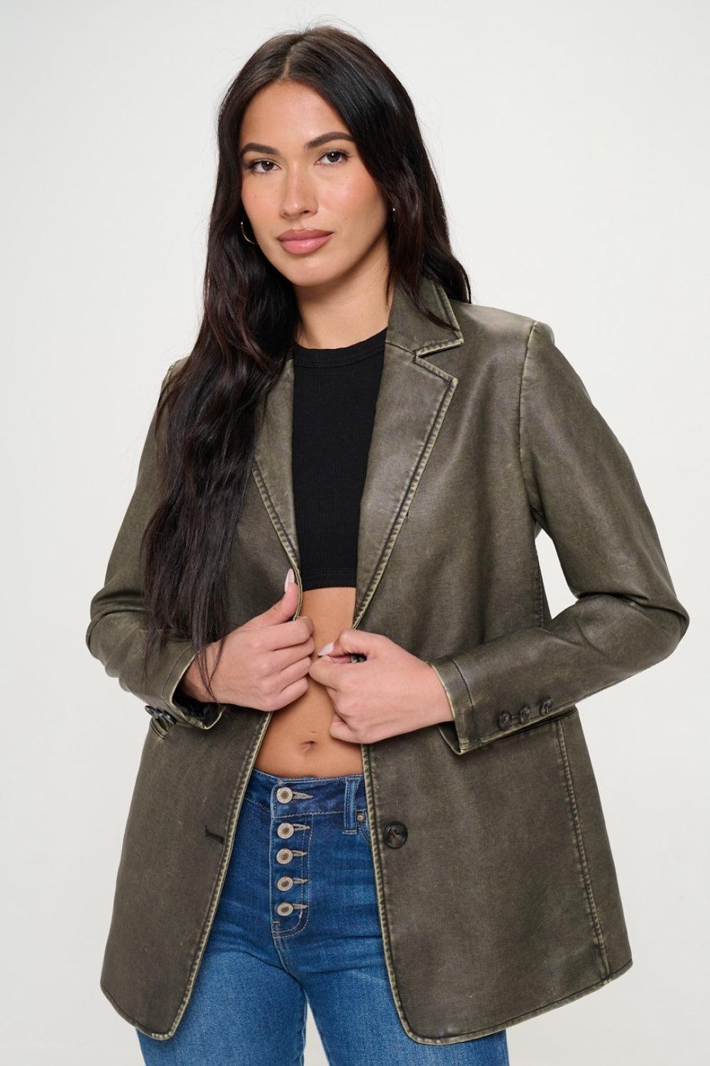Coalition LA Single-Breasted Vegan Leather Blazer.