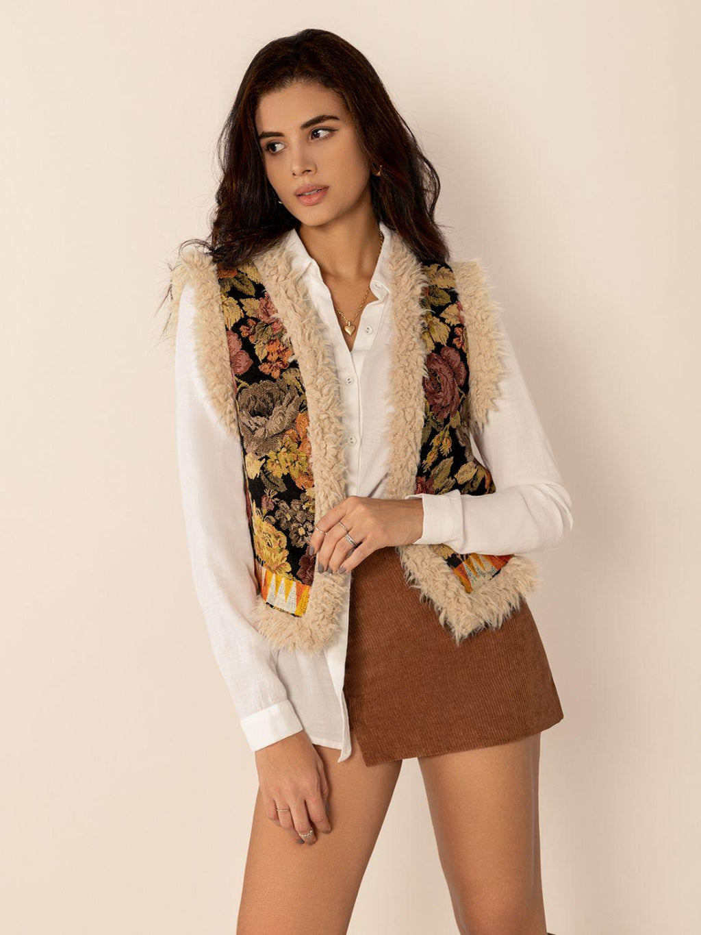 Embroidered Fuzzy Trim Open Front Vest Coat.