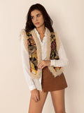 Embroidered Fuzzy Trim Open Front Vest Coat.