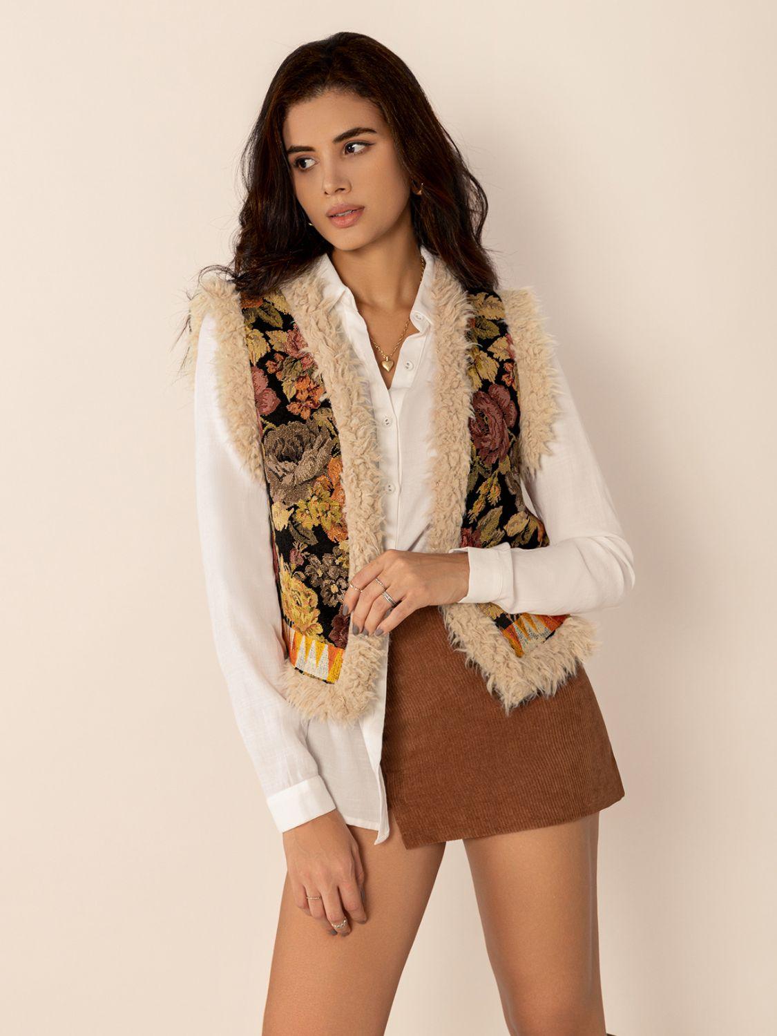 Embroidered Fuzzy Trim Open Front Vest Coat.