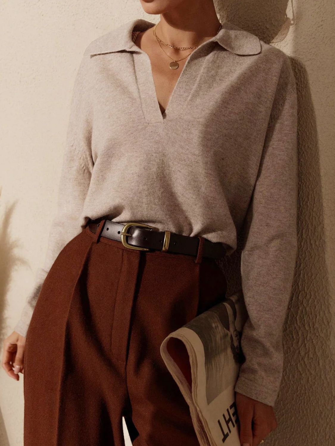 Johnny Collar Long Sleeve Sweater Soft Classic & Versatile The Staple Piece Every Wardrobe Needs In Creamy Nude Brown.