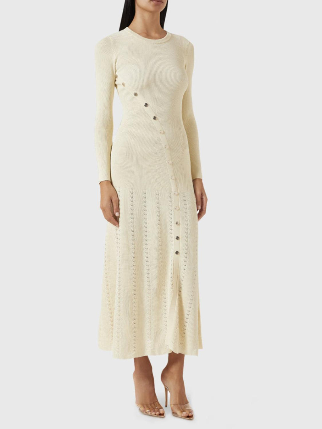 Openwork Round Neck Long Sleeve Sweater Dress.