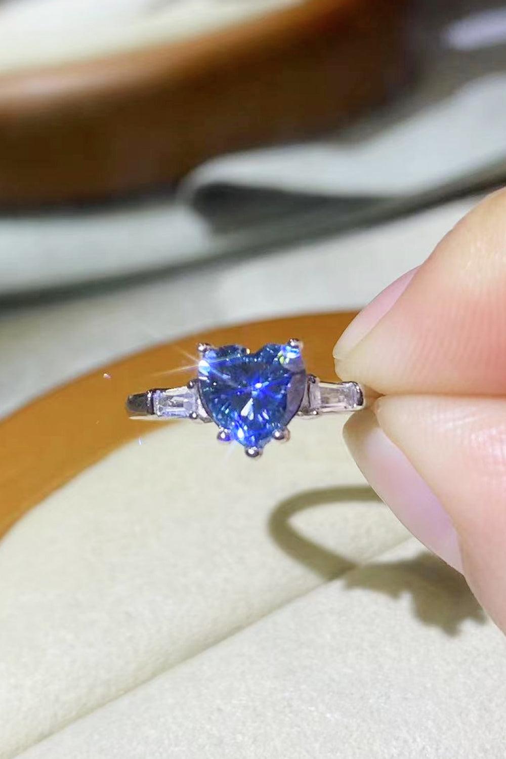 1 Carat Moissanite Heart-Shaped Platinum-Plated Ring in Blue.
