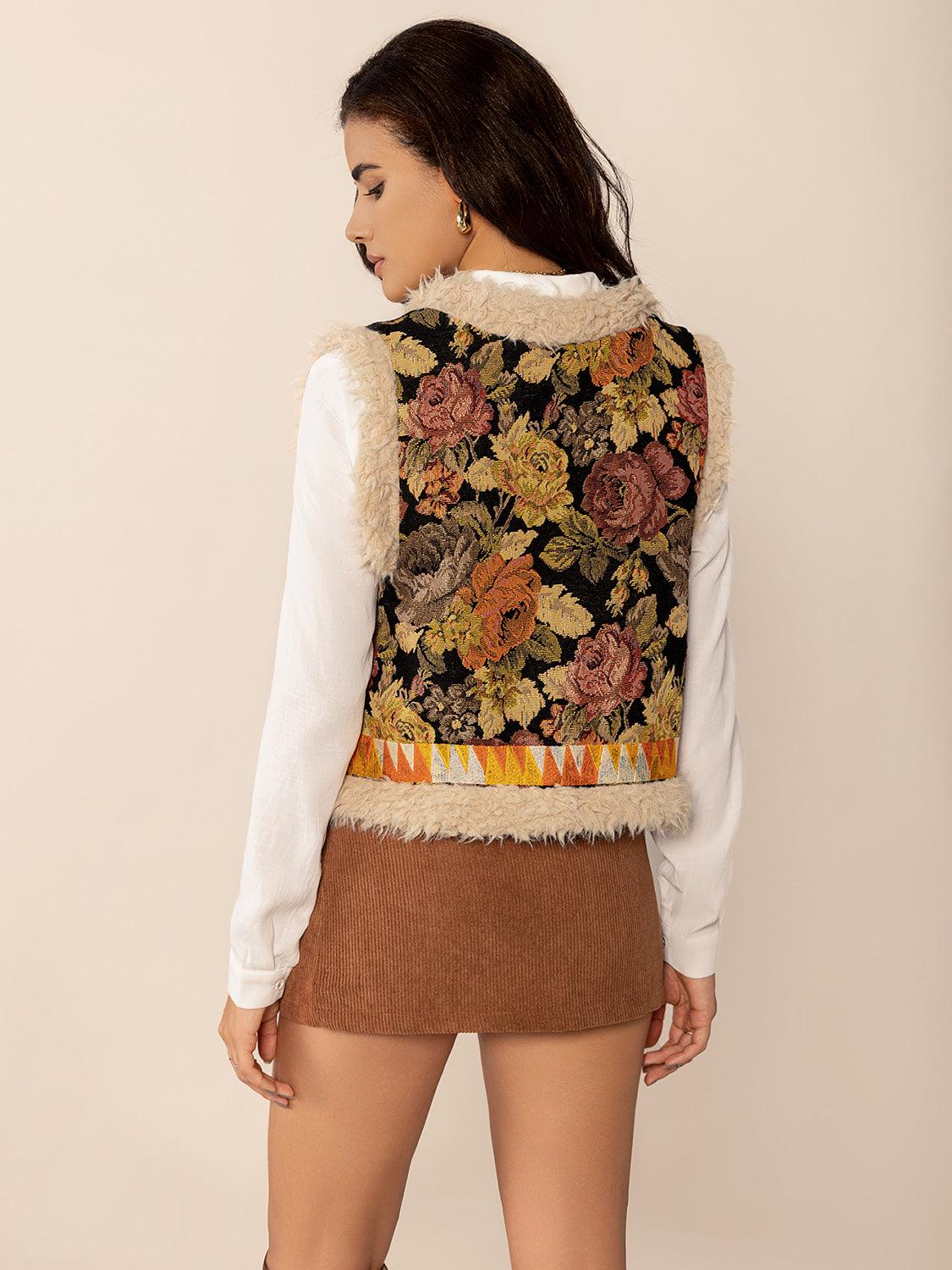 Embroidered Fuzzy Trim Open Front Vest Coat.