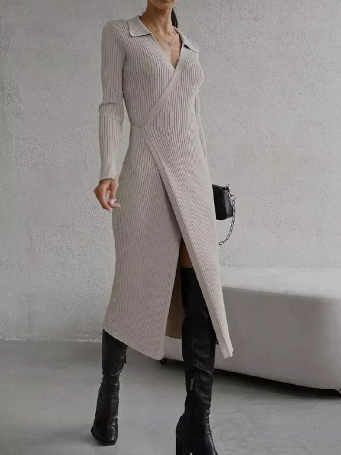 Tied Collared Neck Long Sleeve Sweater Dress.