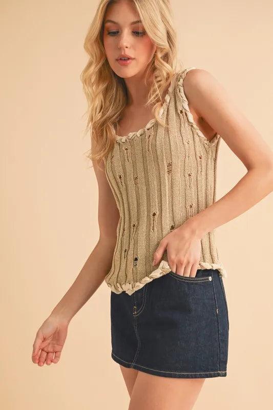 Aemi+Co Distressed Detail Round Neck Knit Tank.