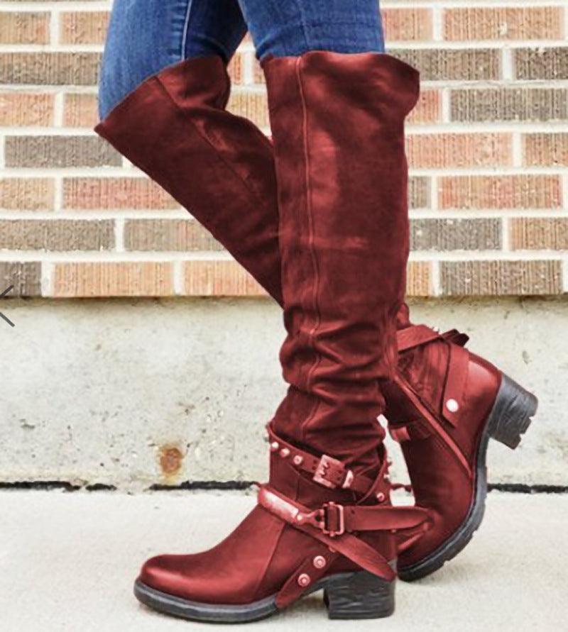 Women’s Grunge Belt Buckle Boots – Chunky Sole, PU Leather, Round Toe.