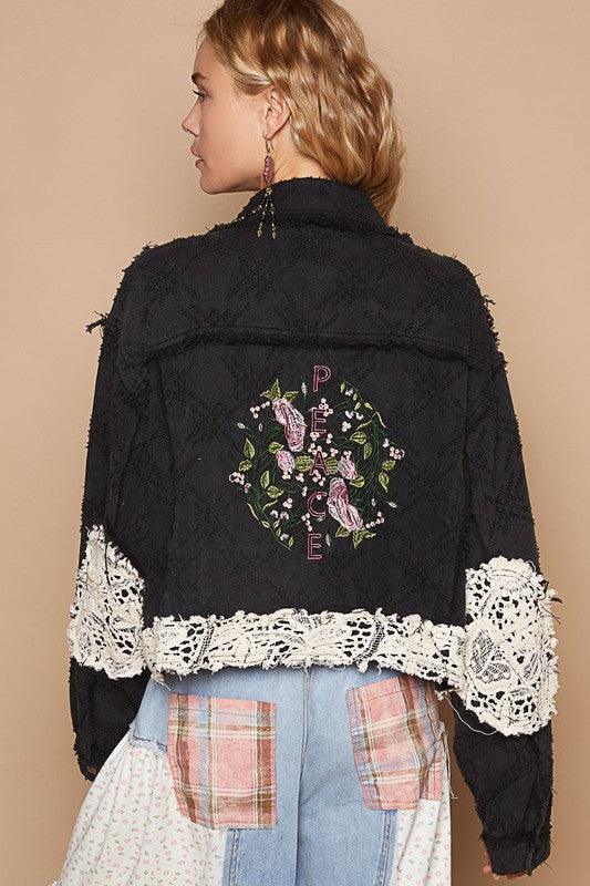POL Crochet Patch Embroidered Button Up Jacket.