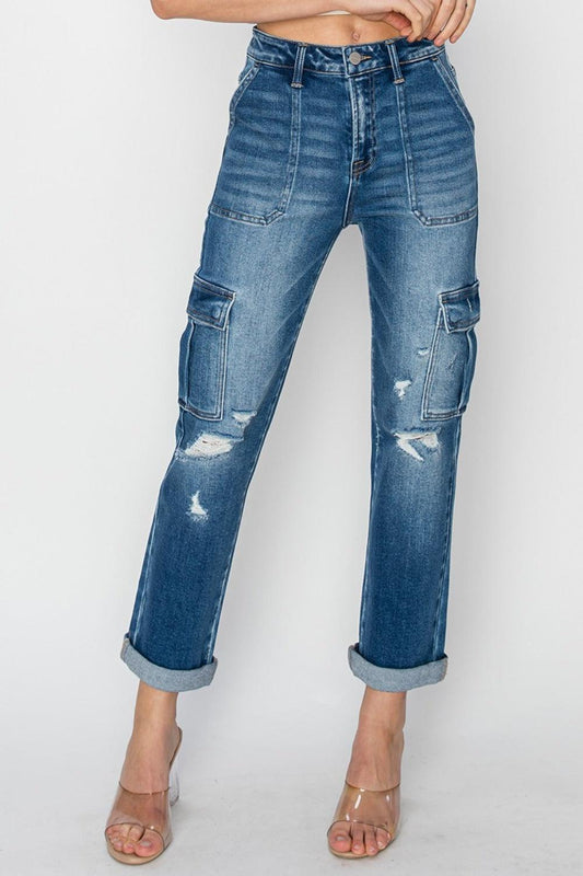 RISEN Full Size High Rise Cargo Ankle Roll Up Straight Jeans.
