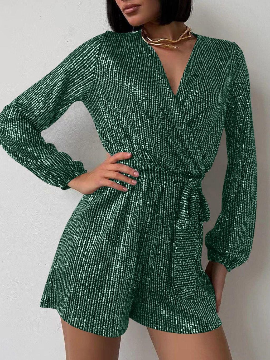 Full Size Sequin Surplice Tie Waist Long Sleeve Romper.