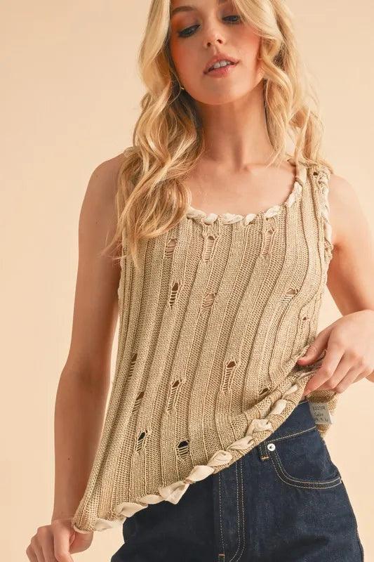 Aemi+Co Distressed Detail Round Neck Knit Tank.
