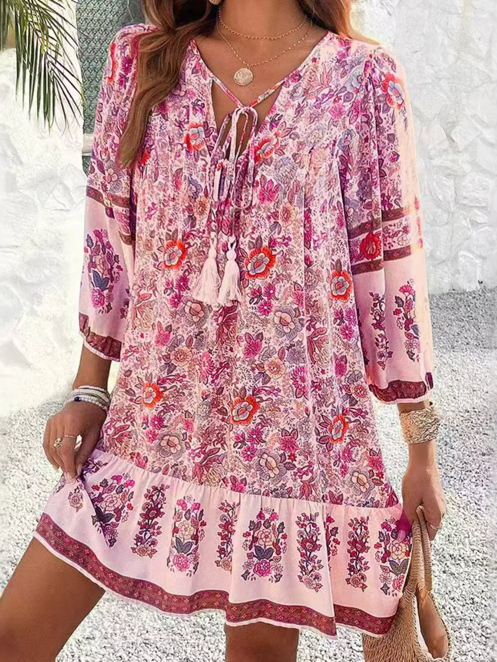 Floral print tassel tie-neck mini dress, boho festival summer mini dress