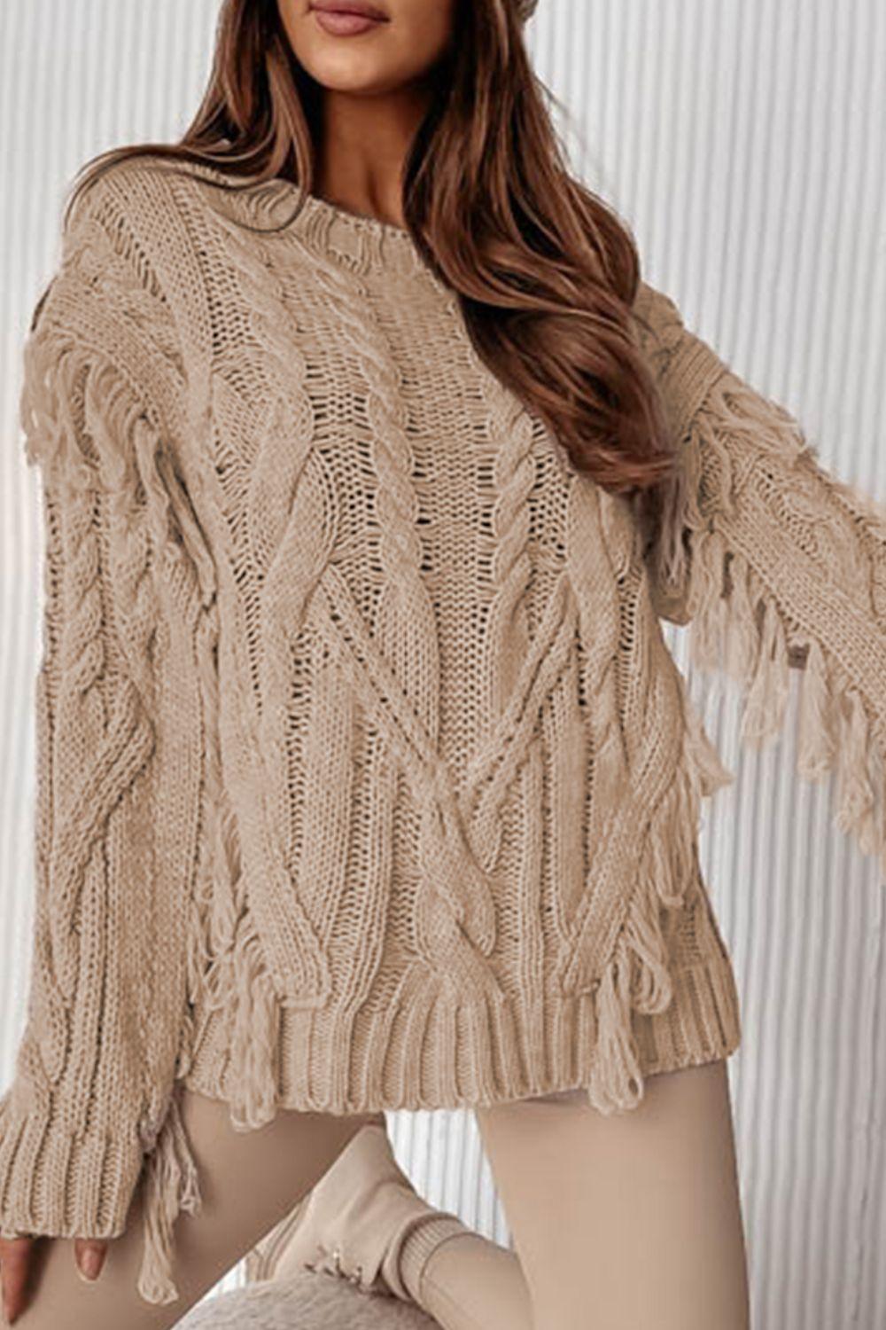 Cable Knit Fringe Round Neck Long Sleeve Sweater.