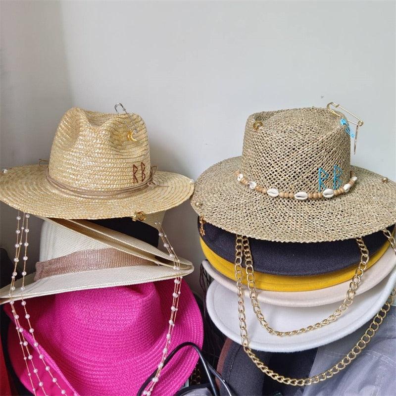 Coffee Punk Embellished Boho Straw Fedora Hat, close-up showing shell beaded trim, gold bead accents and blue safety pin embellishment detail