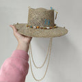 Coffee Punk Embellished Boho Straw Fedora Hat, front view showing embroidered text, shell beaded trim and gold chain embellishments