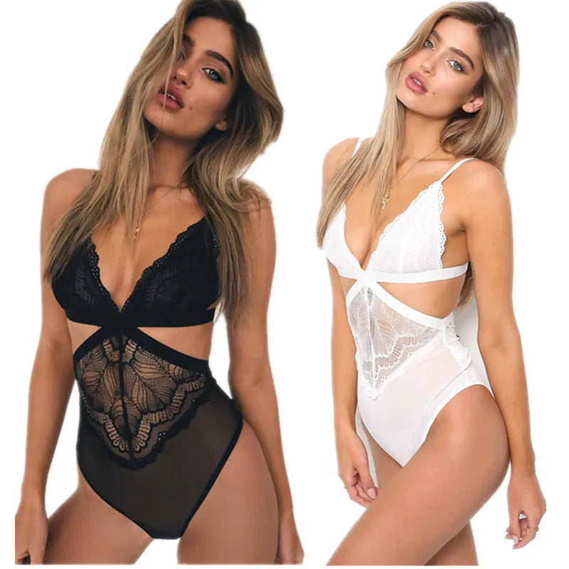 White and Black Lace Cut-Out Sheer Bodysuit