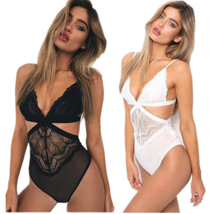White and Black Lace Cut-Out Sheer Bodysuit