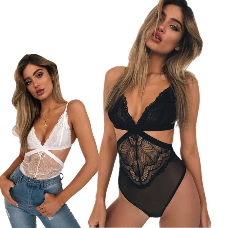 White and Black Lace Cut-Out Sheer Bodysuit