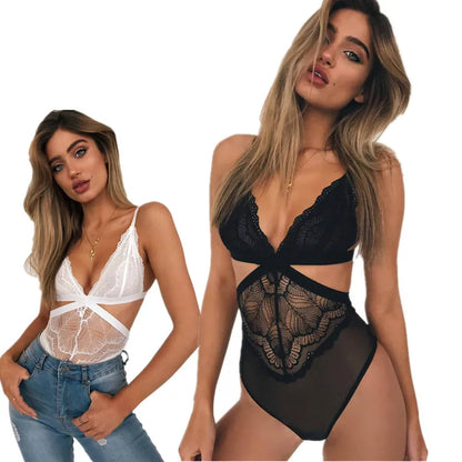 White and Black Lace Cut-Out Sheer Bodysuit