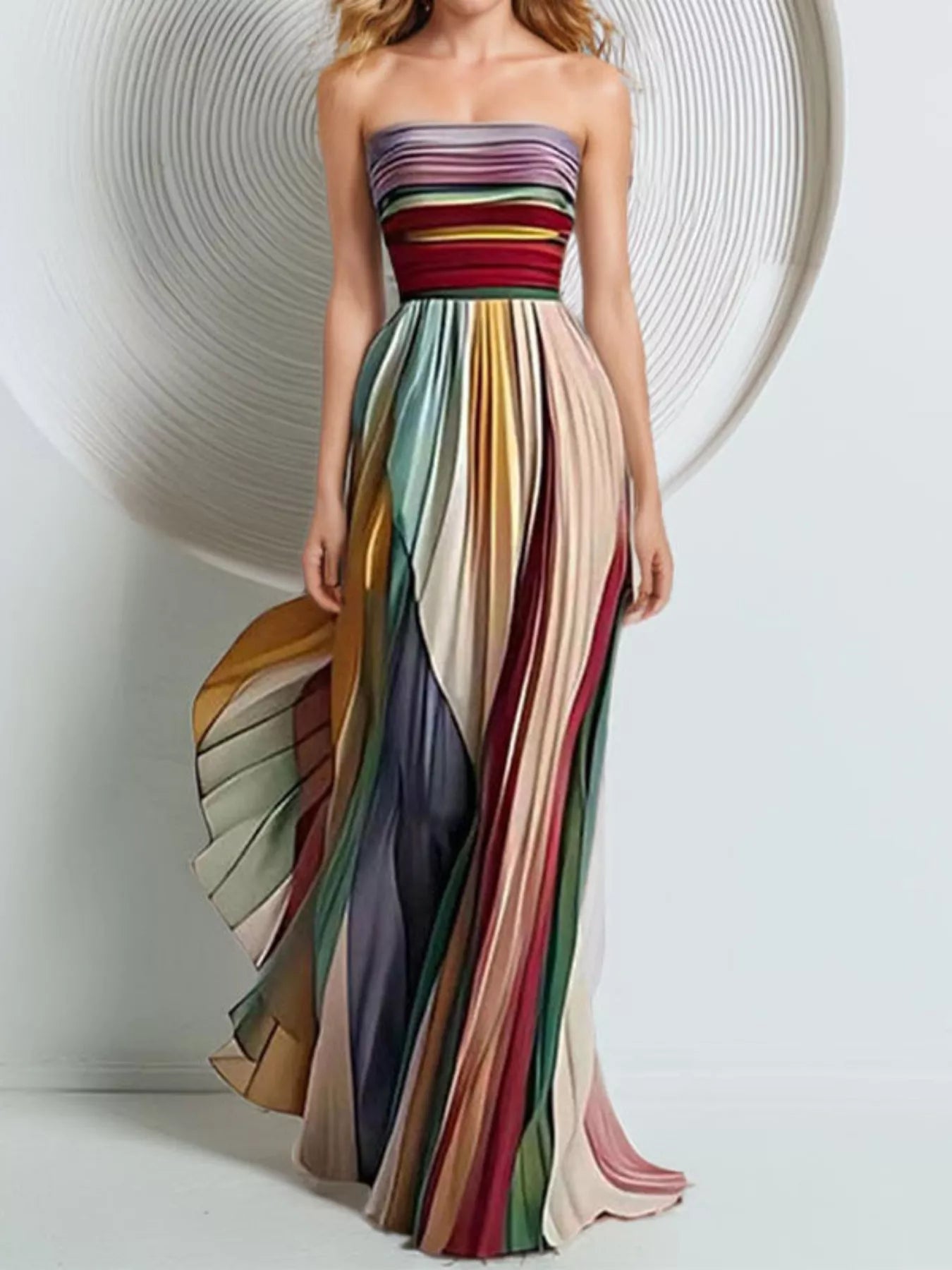 Front view of the Striped Pleated Tube Maxi Dress showing the full vertical-pleated A-line skirt in lavender, burgundy, mustard, sage, cream, blush, and navy stripes.