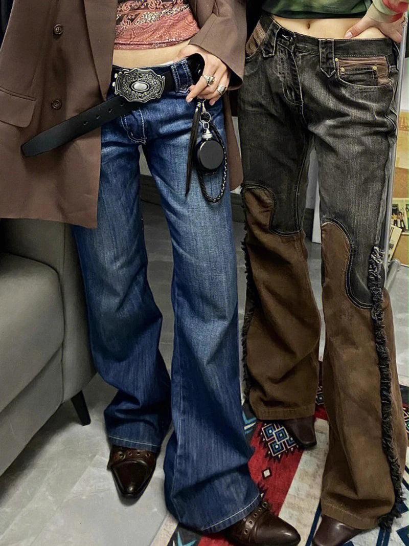 Vintage Country Chic Hipster Flared Jeans Patchwork Wide Pants with Side Tassels High Rise.
