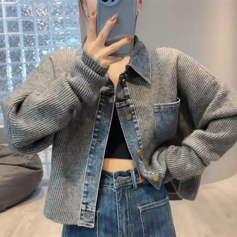 Denim and Knit Patchwork Knitted Western-style Cardigan Jacket