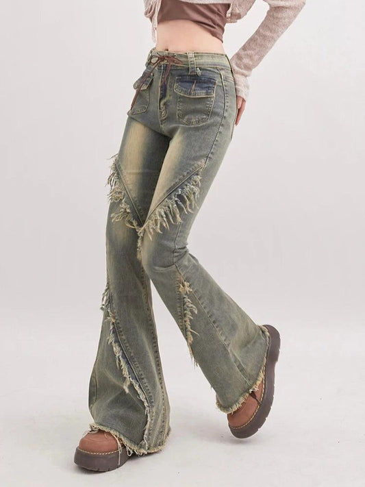 Low Rise Flare Jeans – Cyber Y2K Grunge Denim with Ruffle Hems & Ombré Wash.