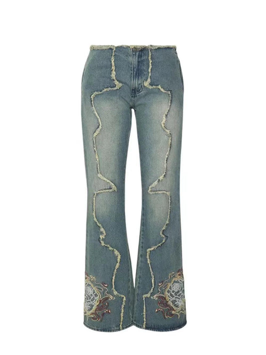 2024 new hot hot girl unique slimming retro fringed embroidery made old straight leg pants for children.