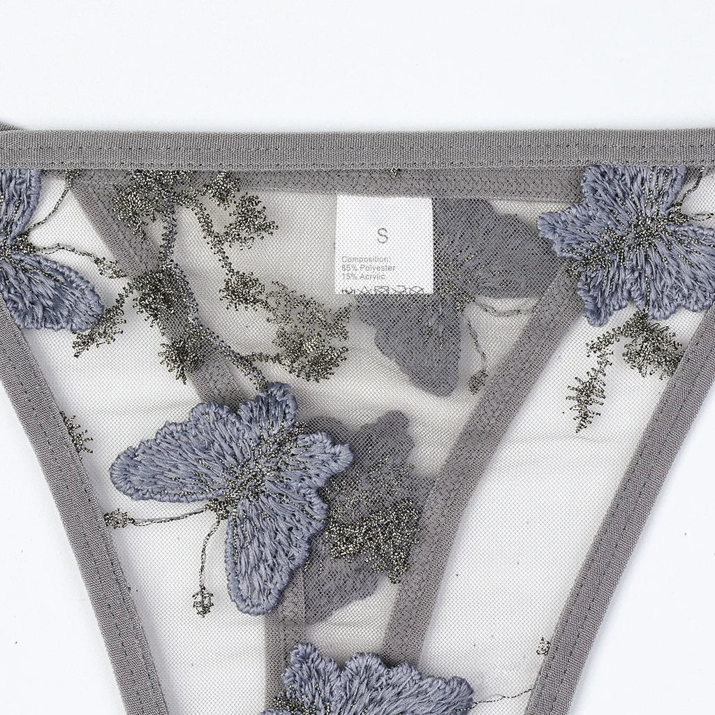 Sheer Mesh Floral Butterfly Embroidery Tie Bikini  Style Lingerie Set