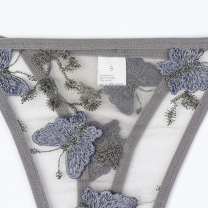 Sheer Mesh Floral Butterfly Embroidery Tie Bikini  Style Lingerie Set
