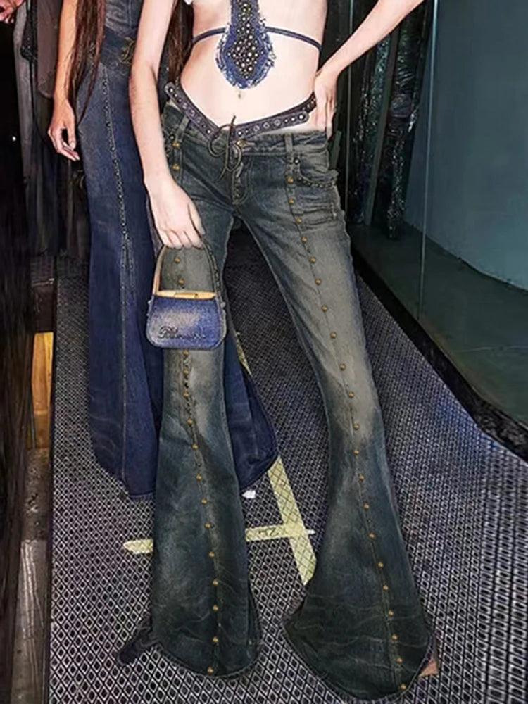 Flared Rivet Grunge Punk Low Waisted Jeans