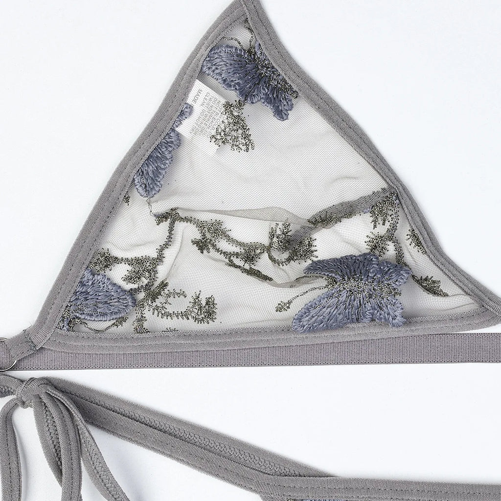 Sheer Mesh Floral Butterfly Embroidery Tie Bikini  Style Lingerie Set