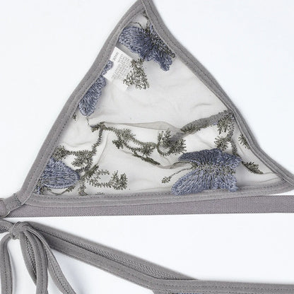 Sheer Mesh Floral Butterfly Embroidery Tie Bikini  Style Lingerie Set