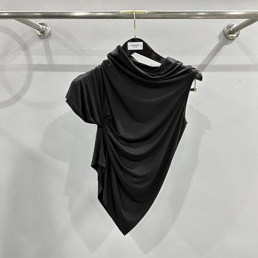 Asymmetrical Pleated Cropped High Neck Micro Elastic One Shoulder Knitted Top.