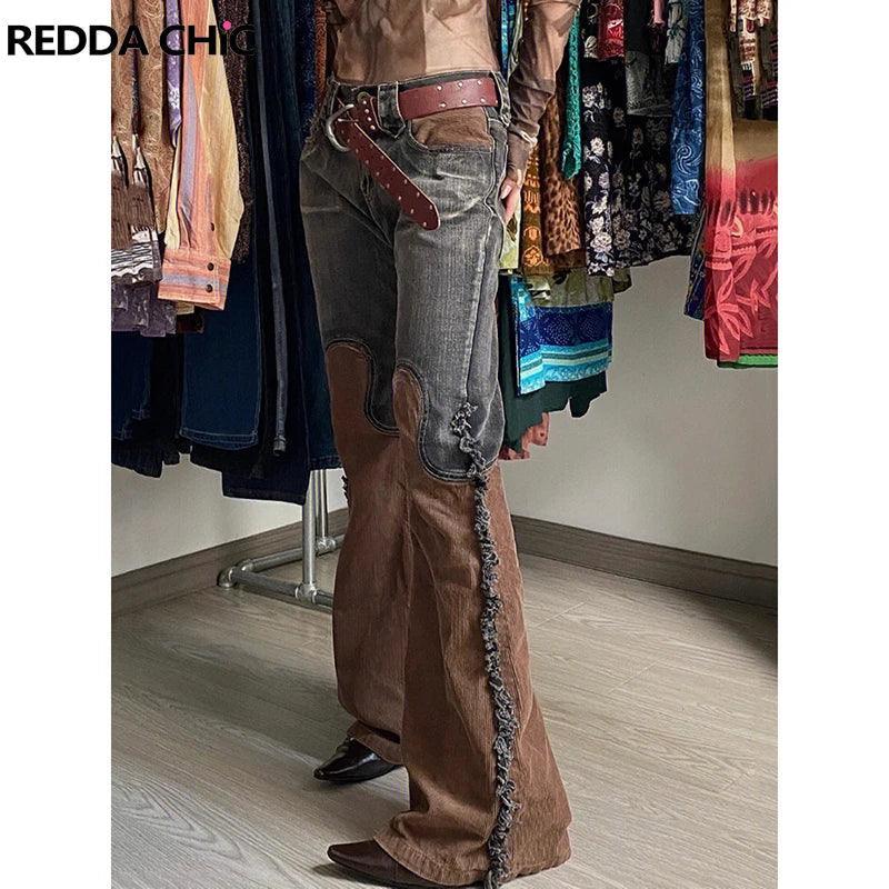 Vintage Country Chic Hipster Flared Jeans Patchwork Wide Pants with Side Tassels High Rise.