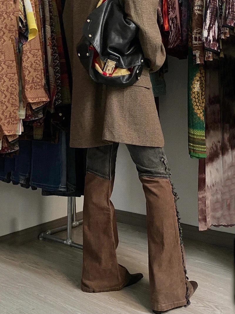 Vintage Country Chic Hipster Flared Jeans Patchwork Wide Pants with Side Tassels High Rise.