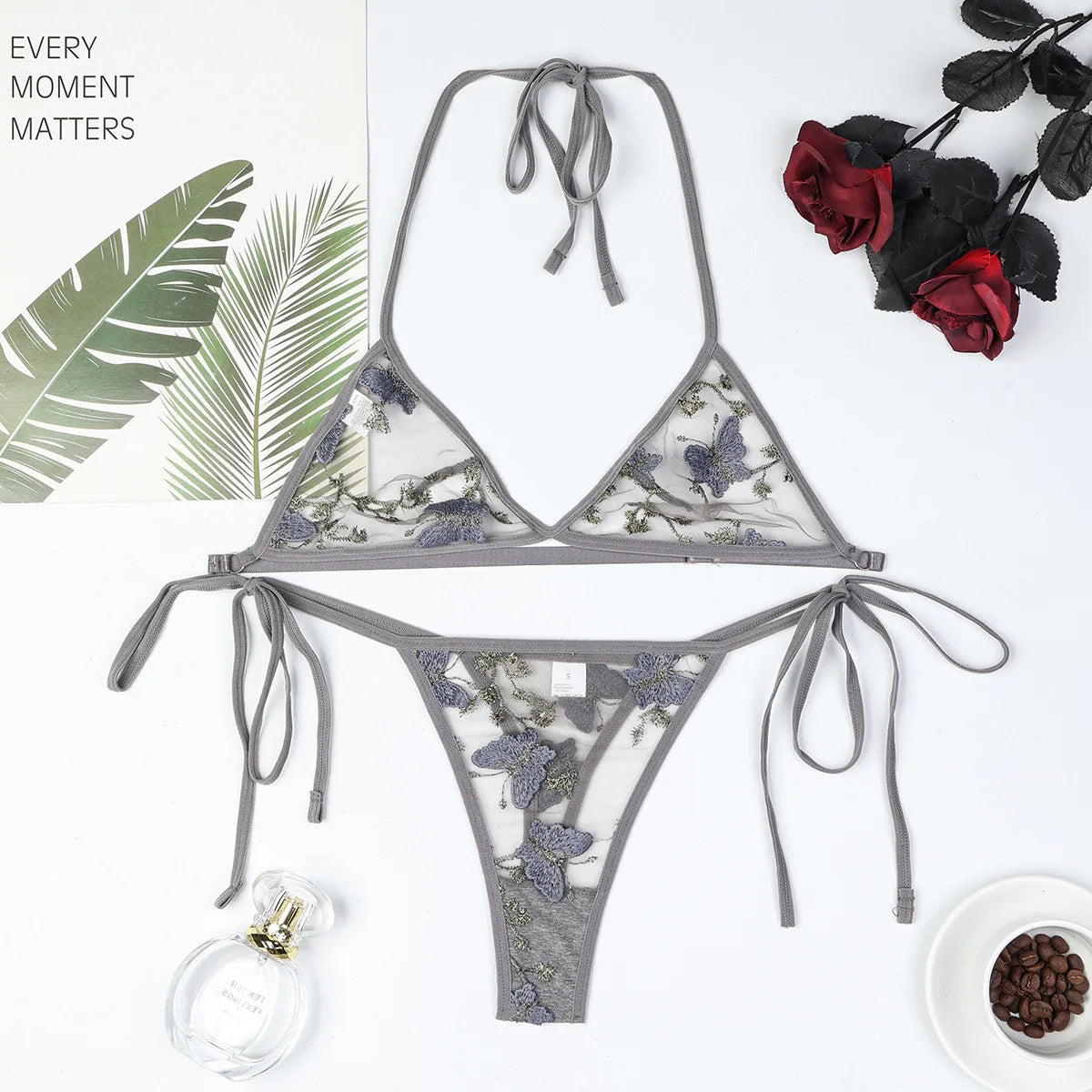 Sheer Mesh Floral Butterfly Embroidery Tie Bikini  Style Lingerie Set