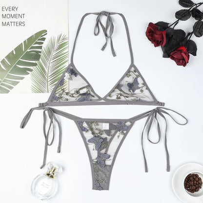 Sheer Mesh Floral Butterfly Embroidery Tie Bikini  Style Lingerie Set