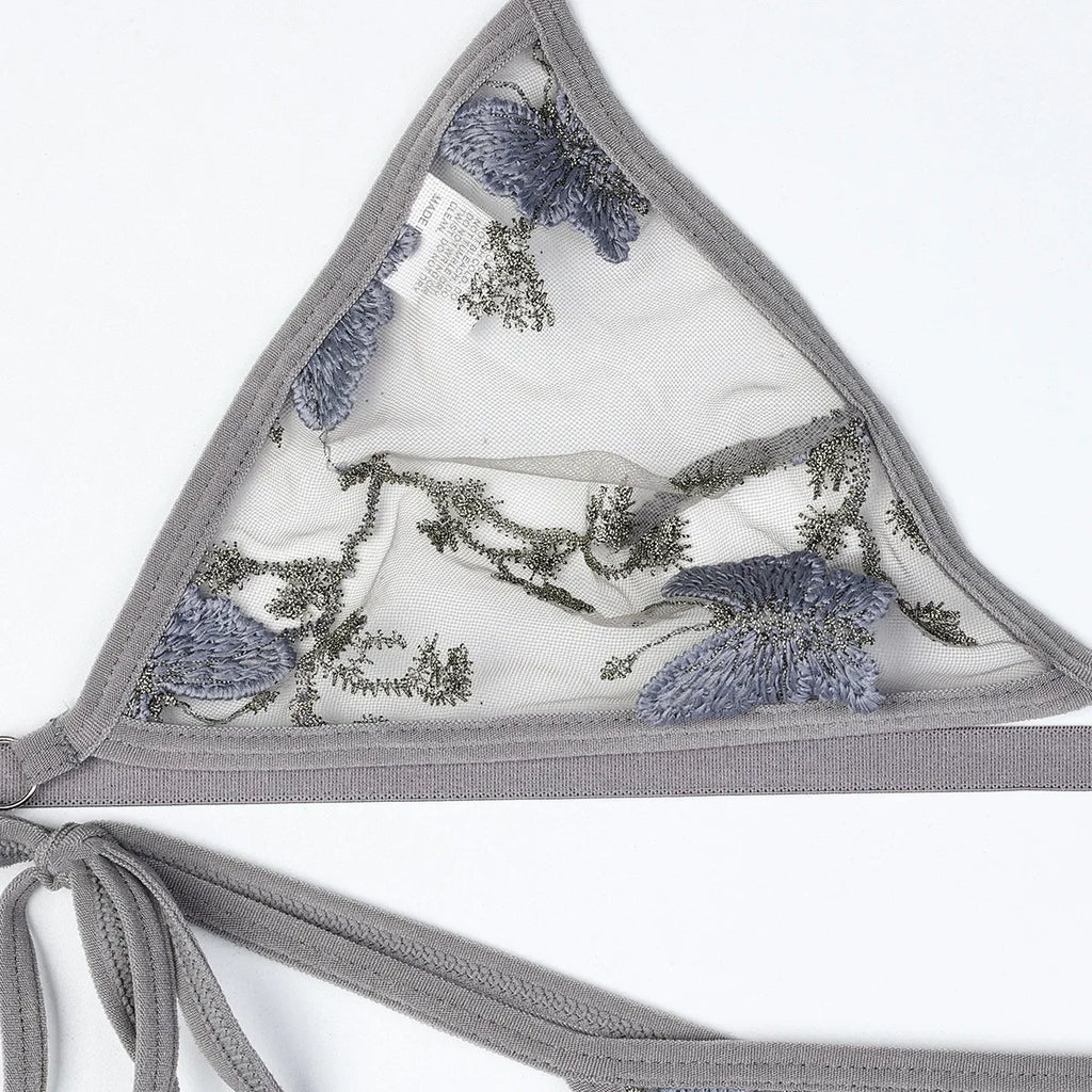 Sheer Mesh Floral Butterfly Embroidery Tie Bikini  Style Lingerie Set