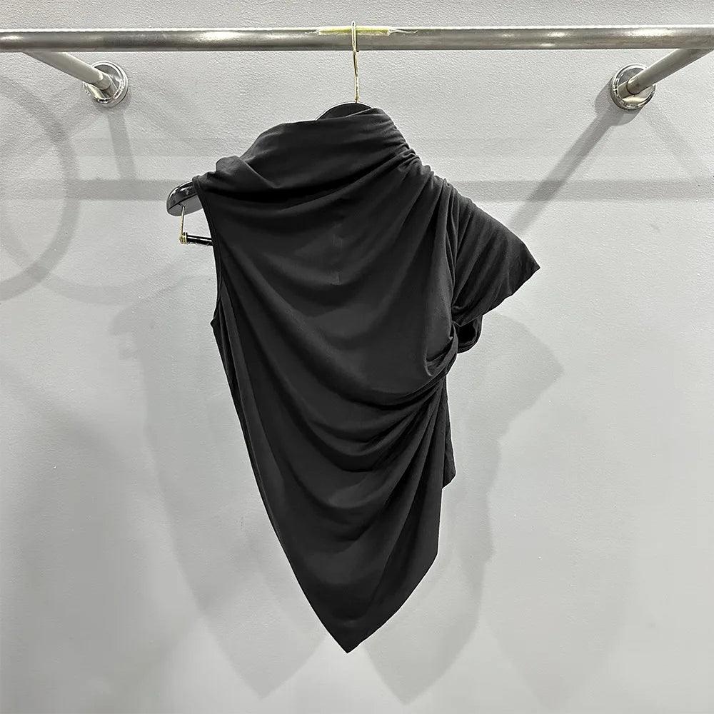 Asymmetrical Pleated Cropped High Neck Micro Elastic One Shoulder Knitted Top.