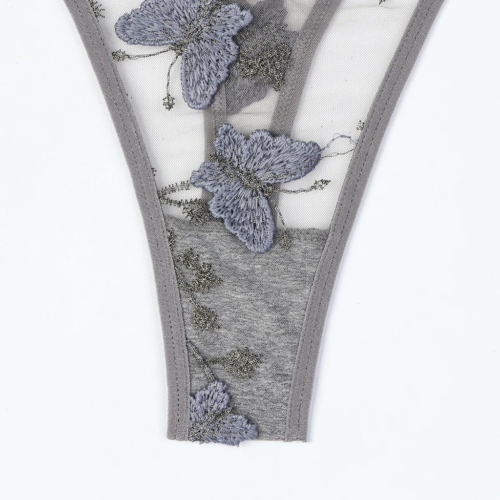 Sheer Mesh Floral Butterfly Embroidery Tie Bikini  Style Lingerie Set