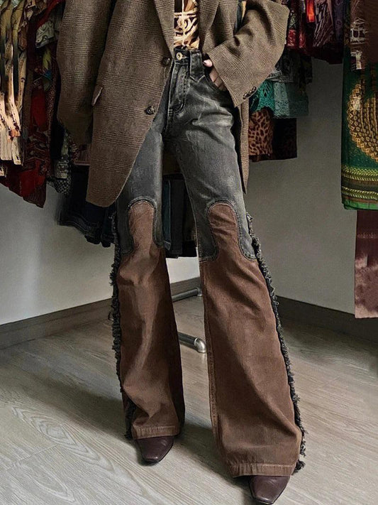 Vintage Country Chic Hipster Flared Jeans Patchwork Wide Pants with Side Tassels High Rise.