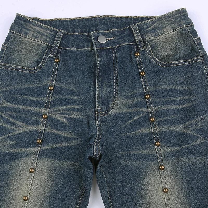 Flared Rivet Grunge Punk Low Waisted Jeans